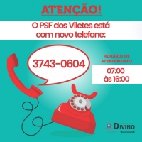 A Secretaria Municipal de Saúde informa que o PSF do distrito dos Viletes está com novo telefone: (32)3743-0604