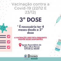 A Secretaria Municipal de Saúde promove nos próximos dias (22 e 23) a vacinação da 3ª dose da vacina de imunização contra o vírus da Covid1-9.
