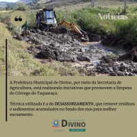 Prefeitura por meio da Secretaria de Agricultura está realizando limpeza do Córrego do Taquaraçu.